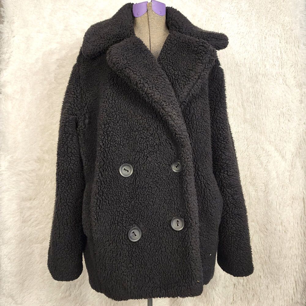 Free People Sherpa Fleece Oversized Teddy Coat Double Breasted Black Size S